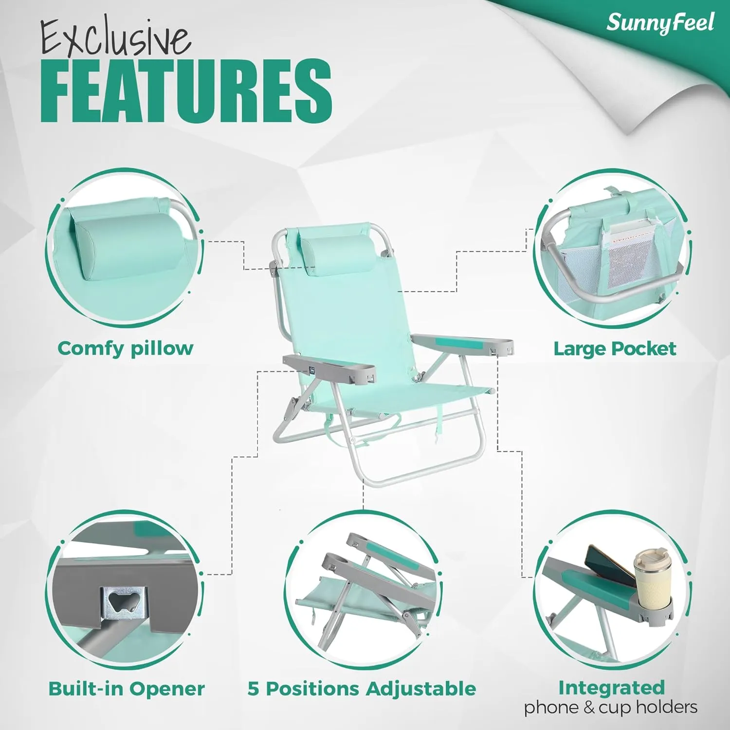 SUNNYFEEL Extra Wide Low Beach Chair 5 Position Lay Flat 500 LBS Heavy Duty, XL Oversized Portable Folding Camping Chairs with Cup Holder for Outdoor/Trip, Lightweight Backpack Beach Chair for Adults