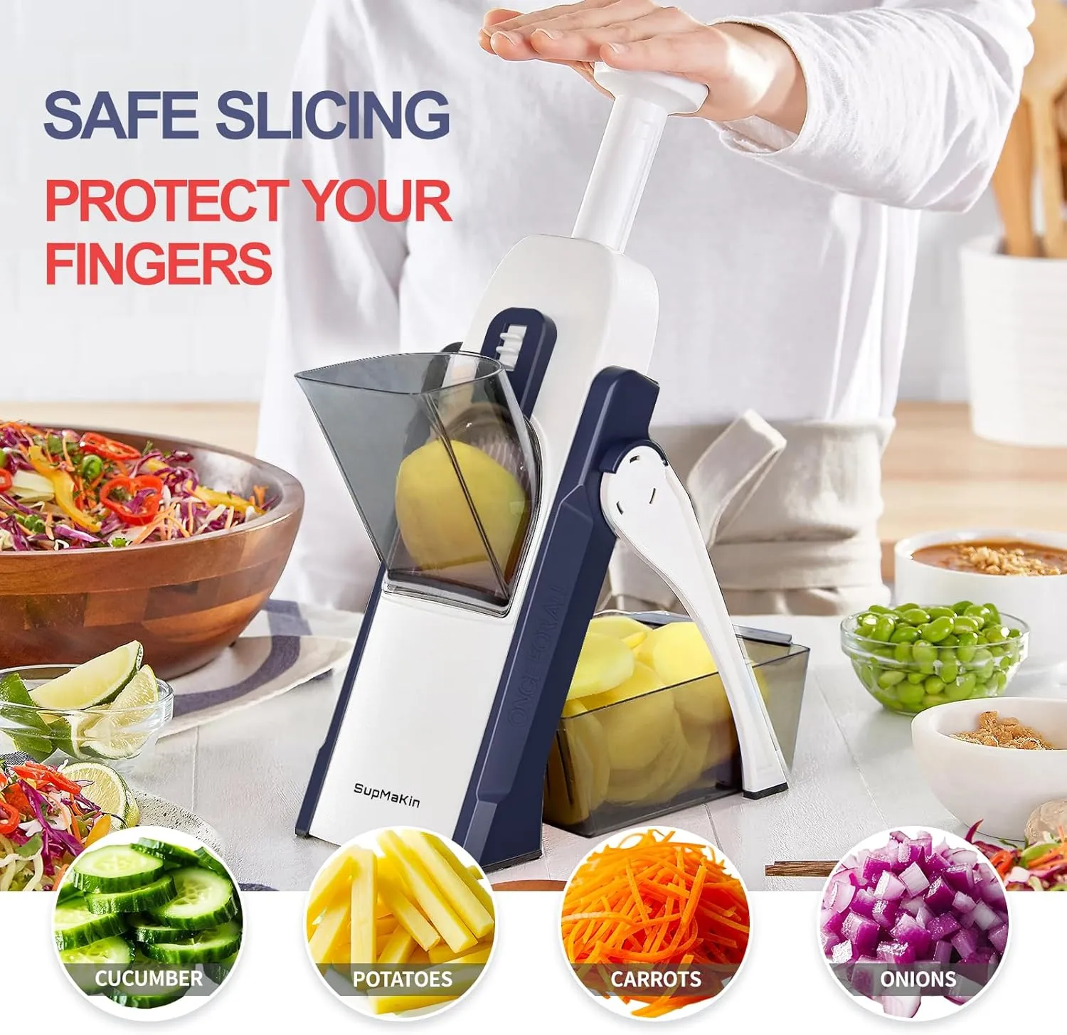 SupMaKin Safe Mandoline Slicer for Kitchen, Potato Slicer, All in 1 Vegetables Slicer and Chopper, French Fry Cutter, Adjustable Thickness, Dishwasher Safe Chopping Artifact Christmas Gift (Blue)