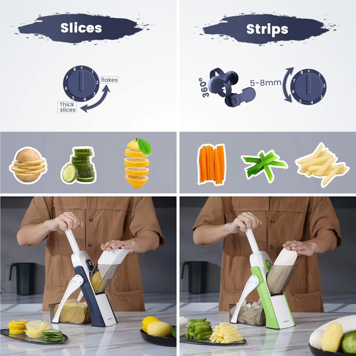 SupMaKin Safe Mandoline Slicer for Kitchen, Potato Slicer, All in 1 Vegetables Slicer and Chopper, French Fry Cutter, Adjustable Thickness, Dishwasher Safe Chopping Artifact Christmas Gift (Blue)