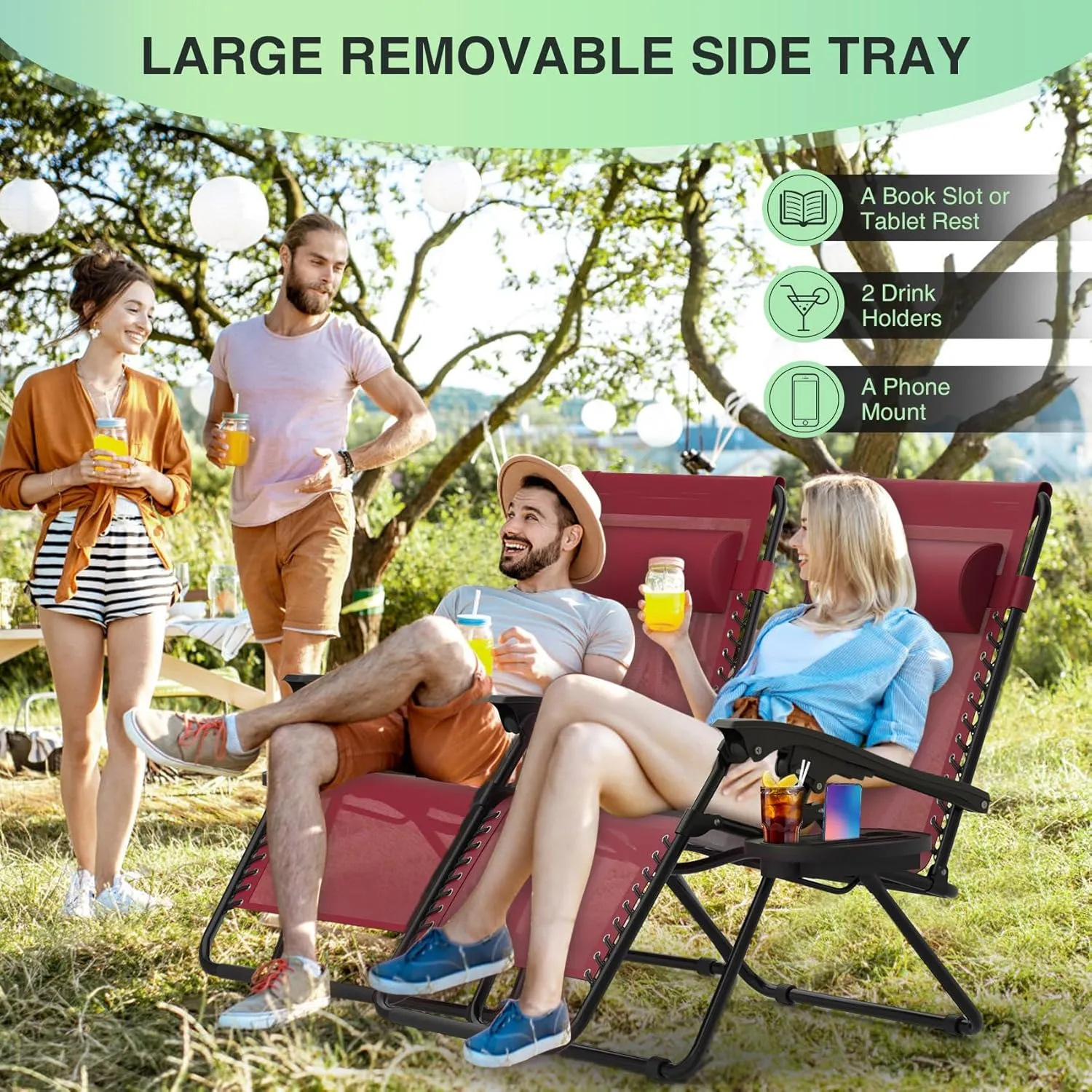 Suteck Zero Gravity Chairs Set of 2, Zero Gravity Lounge Chair w/Upgraded Lock, Big Cup Holder and Pillow, Reclining Patio Chairs Folding Recliner for Indoor and Outdoor, Claret