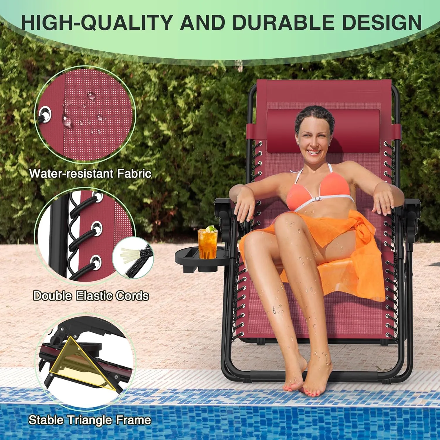 Suteck Zero Gravity Chairs Set of 2, Zero Gravity Lounge Chair w/Upgraded Lock, Big Cup Holder and Pillow, Reclining Patio Chairs Folding Recliner for Indoor and Outdoor, Claret