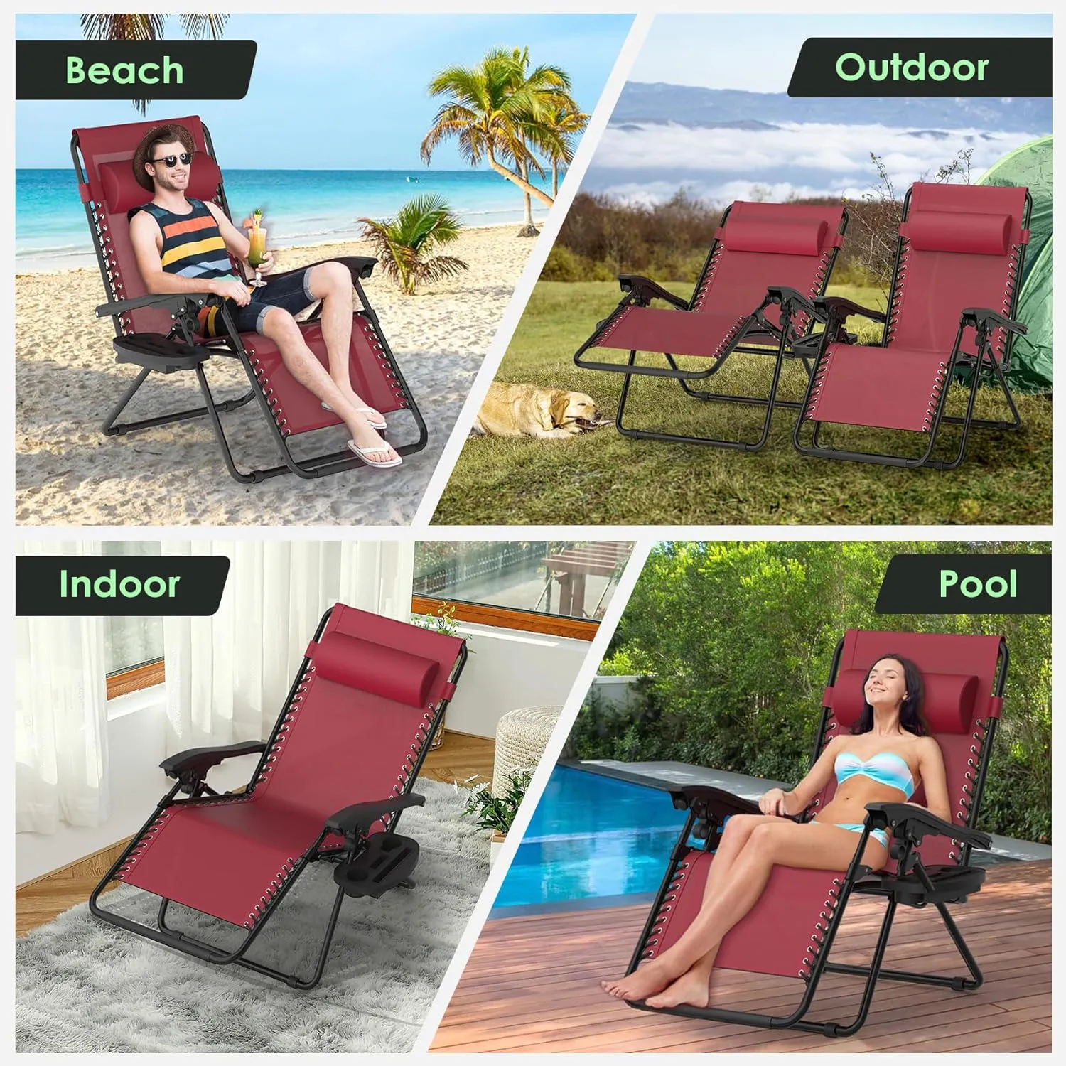 Suteck Zero Gravity Chairs Set of 2, Zero Gravity Lounge Chair w/Upgraded Lock, Big Cup Holder and Pillow, Reclining Patio Chairs Folding Recliner for Indoor and Outdoor, Claret