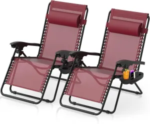 Suteck Zero Gravity Chairs Set of 2, Zero Gravity Lounge Chair w/Upgraded Lock, Big Cup Holder and Pillow, Reclining Patio Chairs Folding Recliner for Indoor and Outdoor, Claret