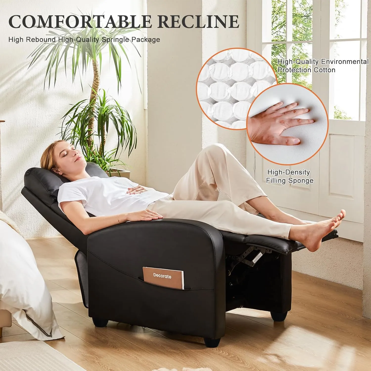 Sweetcrispy Massage Recliner Chair for Adults, Adjustable Home Theater Seating with Lumbar Support, Modern Fabric Reclining with Padded Backrest and Seat, Compact Sofa Chairs for Living Room, Black