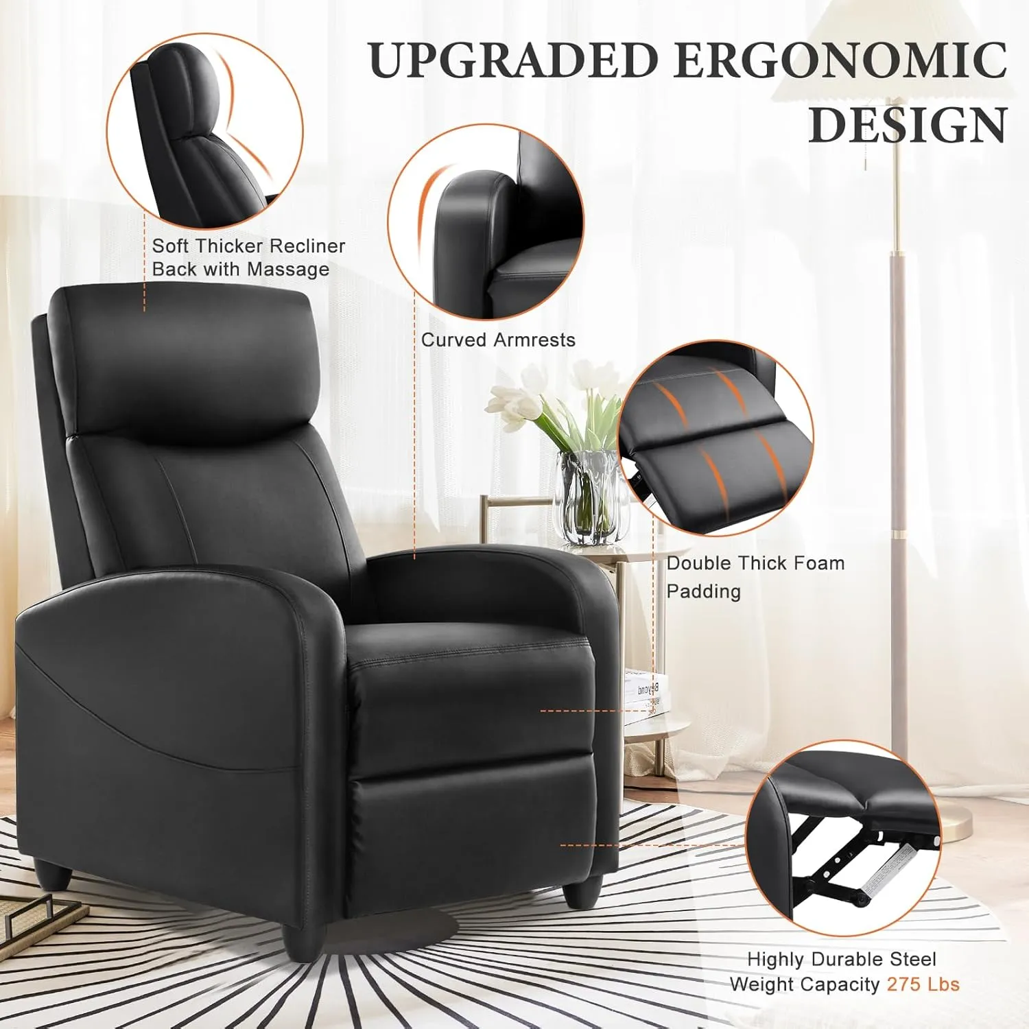 Sweetcrispy Massage Recliner Chair for Adults, Adjustable Home Theater Seating with Lumbar Support, Modern Fabric Reclining with Padded Backrest and Seat, Compact Sofa Chairs for Living Room, Black
