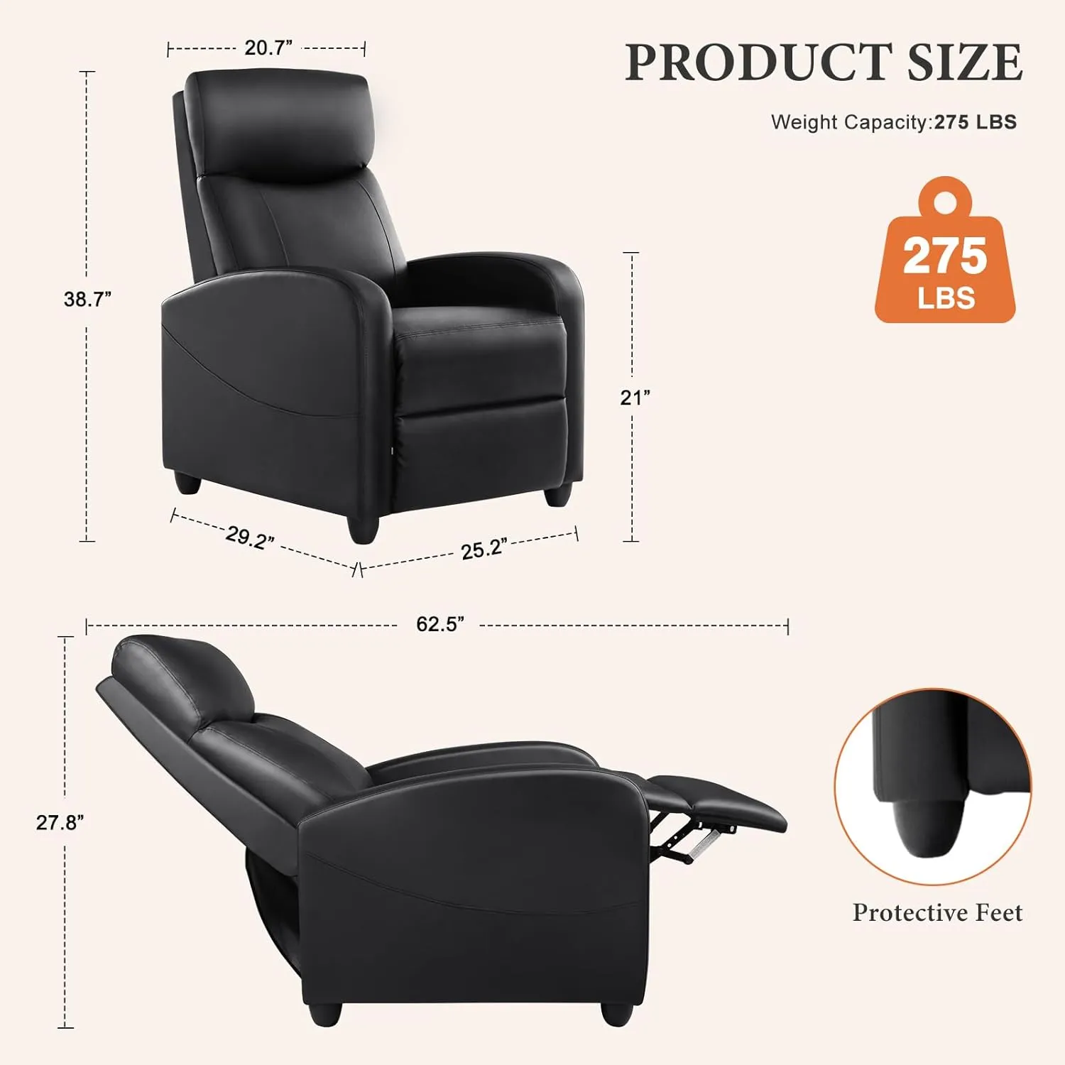 Sweetcrispy Massage Recliner Chair for Adults, Adjustable Home Theater Seating with Lumbar Support, Modern Fabric Reclining with Padded Backrest and Seat, Compact Sofa Chairs for Living Room, Black