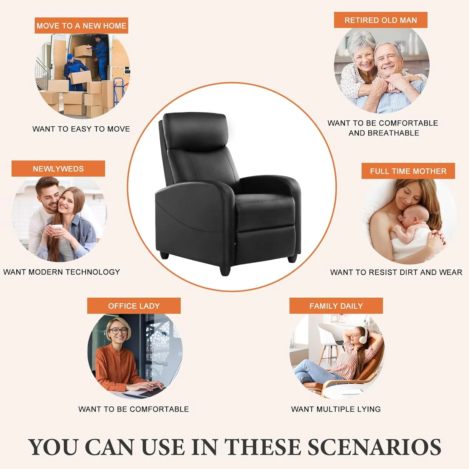 Sweetcrispy Massage Recliner Chair for Adults, Adjustable Home Theater Seating with Lumbar Support, Modern Fabric Reclining with Padded Backrest and Seat, Compact Sofa Chairs for Living Room, Black