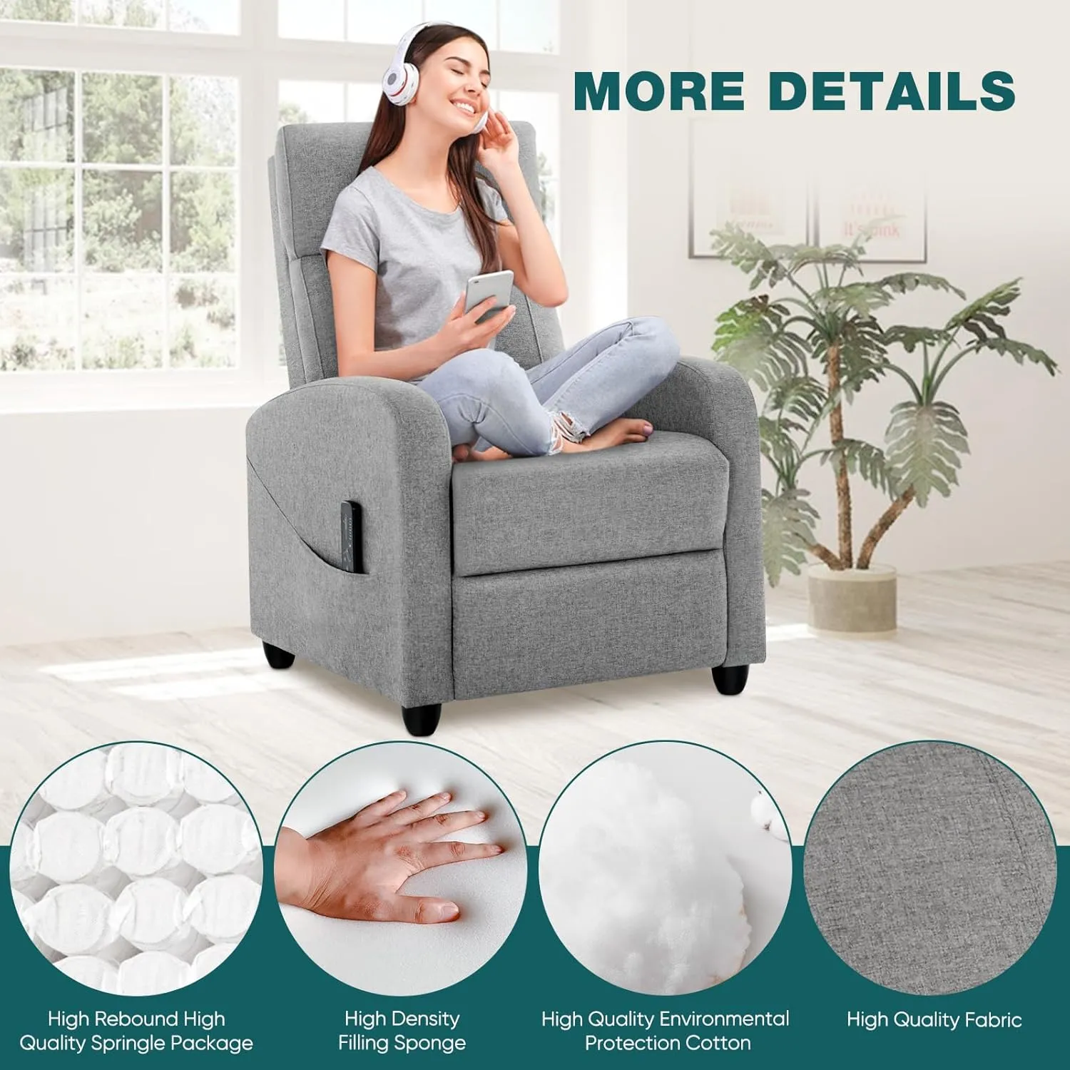Sweetcrispy Massage Recliner Chair for Adults, Adjustable Home Theater Seating with Lumbar Support, Small Recliners for Small Spaces, Dark Grey