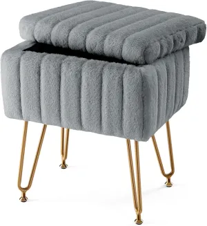 Sweetcrispy Vanity Stool Chair with Storage, Ottoman Faux Fur Soft Padded Makeup Footstools Seat with 4 Metal Legs Anti-Slip Adjustable Feet for Home Entryway Bedroom, Grey
