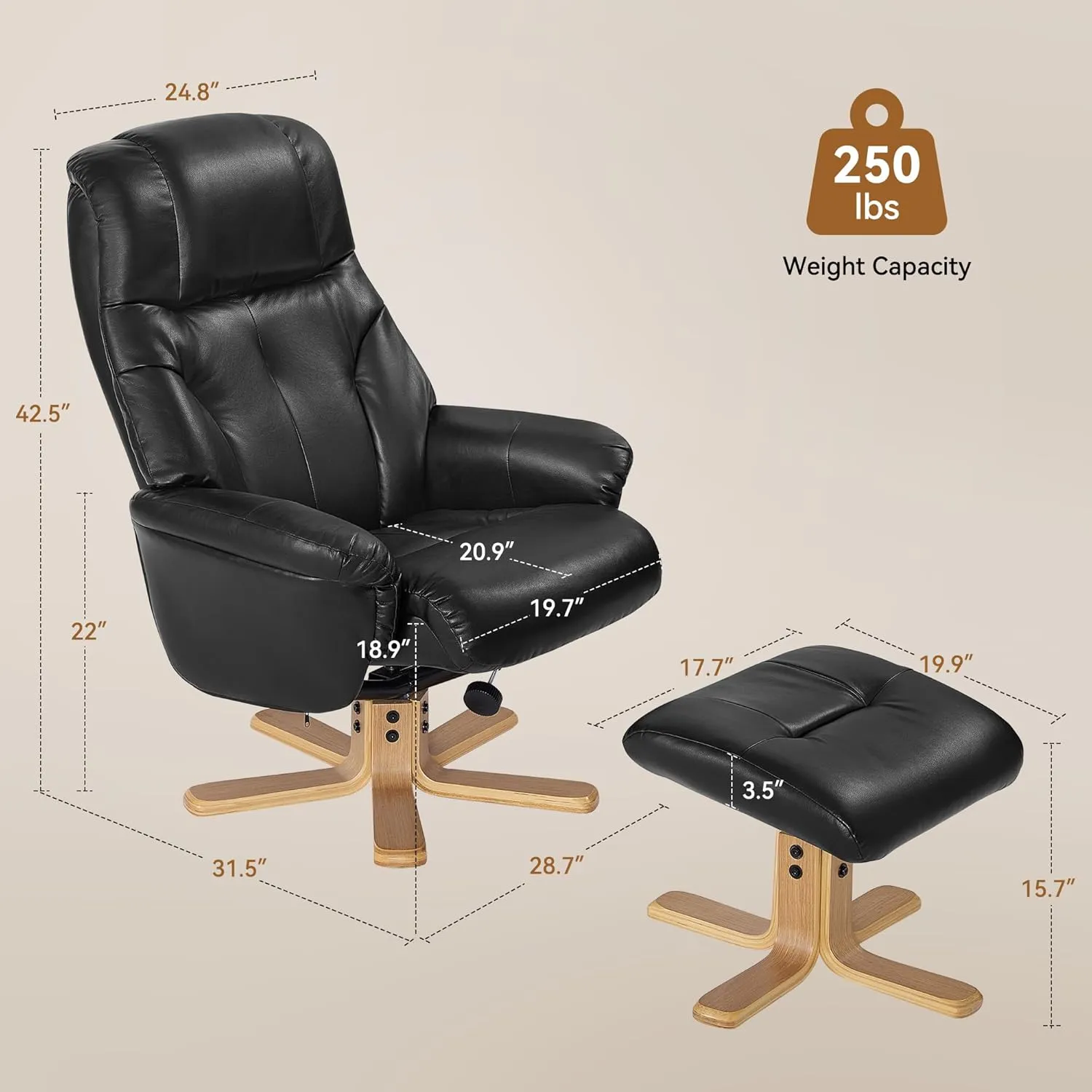 Swivel Recliner Chair with Ottoman, Stylish Faux Leather Recliner Chairs for Adults, 360° Swivel Reclining Chair for Living Room, Study, RV Recliners, Recliner Chairs for Adults, Black