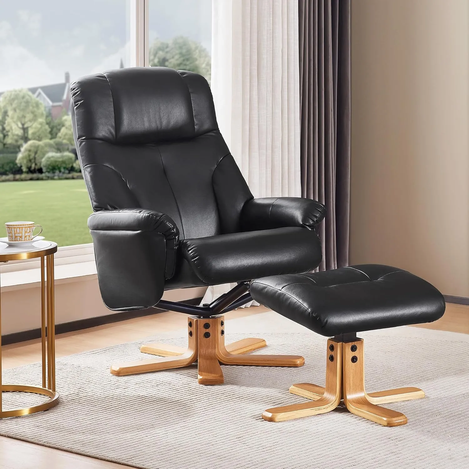 Swivel Recliner Chair with Ottoman, Stylish Faux Leather Recliner Chairs for Adults, 360° Swivel Reclining Chair for Living Room, Study, RV Recliners, Recliner Chairs for Adults, Black