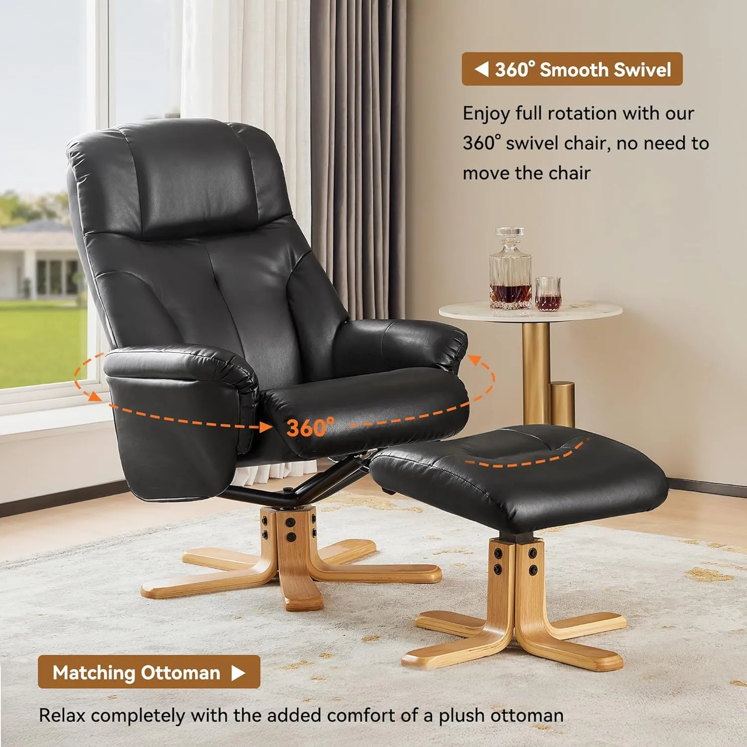 Swivel Recliner Chair with Ottoman, Stylish Faux Leather Recliner Chairs for Adults, 360° Swivel Reclining Chair for Living Room, Study, RV Recliners, Recliner Chairs for Adults, Black