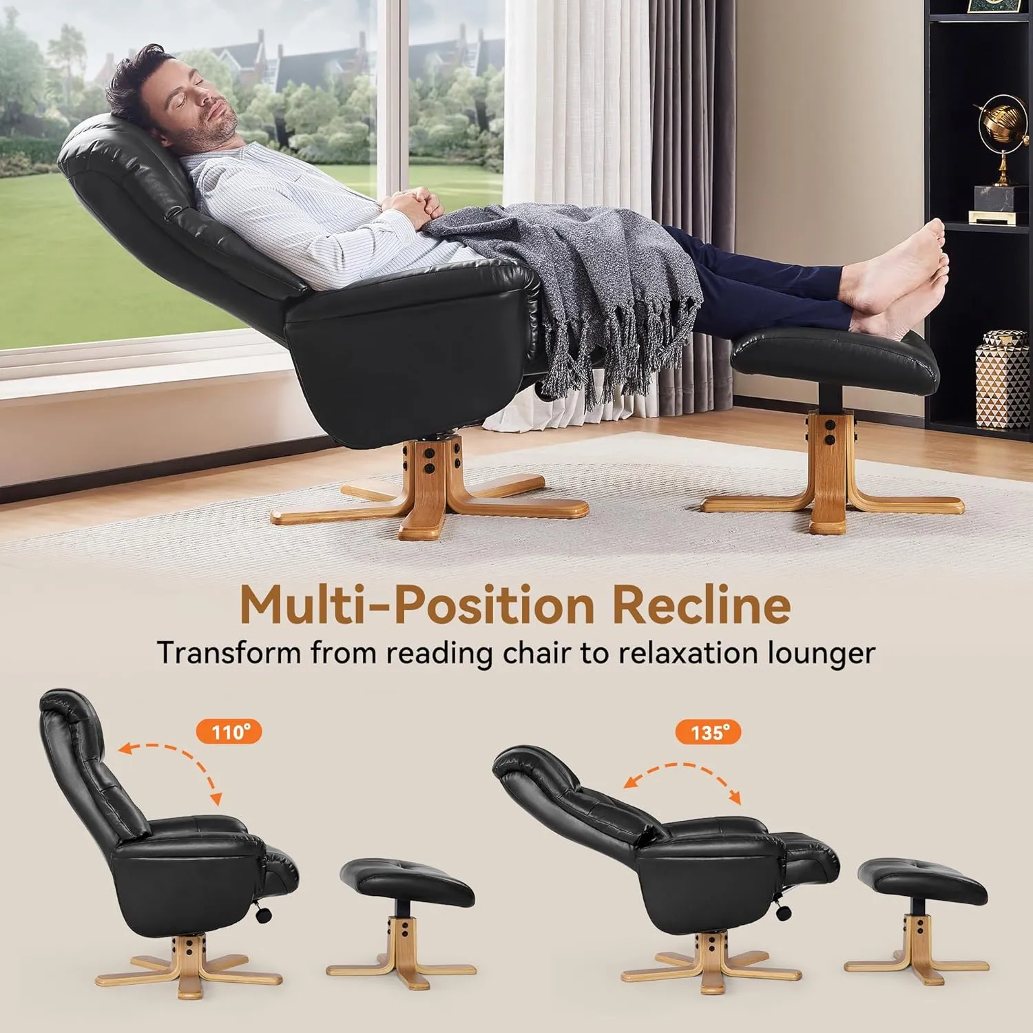 Swivel Recliner Chair with Ottoman, Stylish Faux Leather Recliner Chairs for Adults, 360° Swivel Reclining Chair for Living Room, Study, RV Recliners, Recliner Chairs for Adults, Black