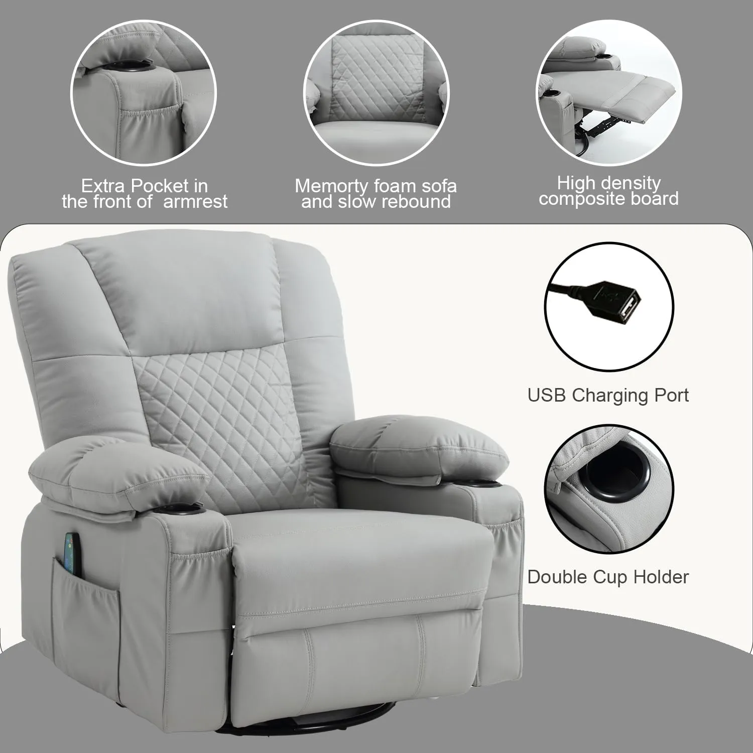 Swivel Rocker Massage Recliner with Heat, PU Leather Recliner Sofa for Adults, Modern Manual Rocker Recliner Chairs for Living Room with Remote Control, Cup Holders (Grey)