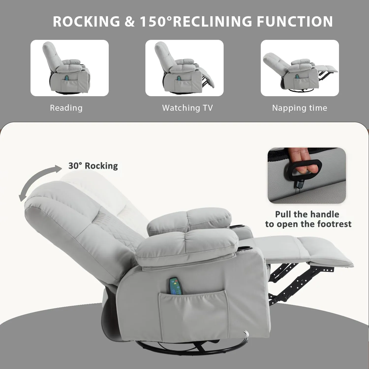 Swivel Rocker Massage Recliner with Heat, PU Leather Recliner Sofa for Adults, Modern Manual Rocker Recliner Chairs for Living Room with Remote Control, Cup Holders (Grey)