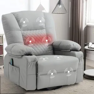 Swivel Rocker Massage Recliner with Heat, PU Leather Recliner Sofa for Adults, Modern Manual Rocker Recliner Chairs for Living Room with Remote Control, Cup Holders (Grey)