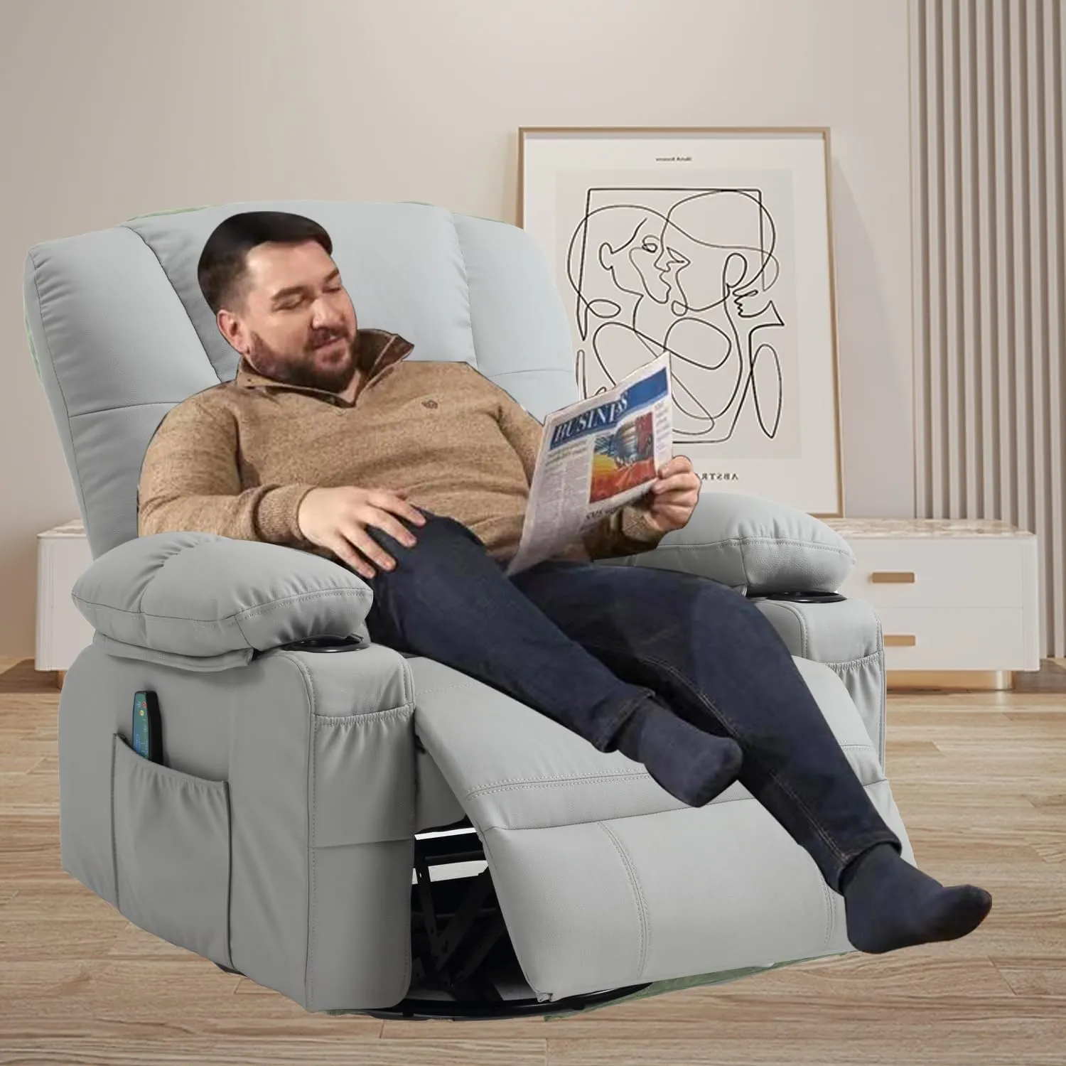 Swivel Rocker Massage Recliner with Heat, PU Leather Recliner Sofa for Adults, Modern Manual Rocker Recliner Chairs for Living Room with Remote Control, Cup Holders (Grey)