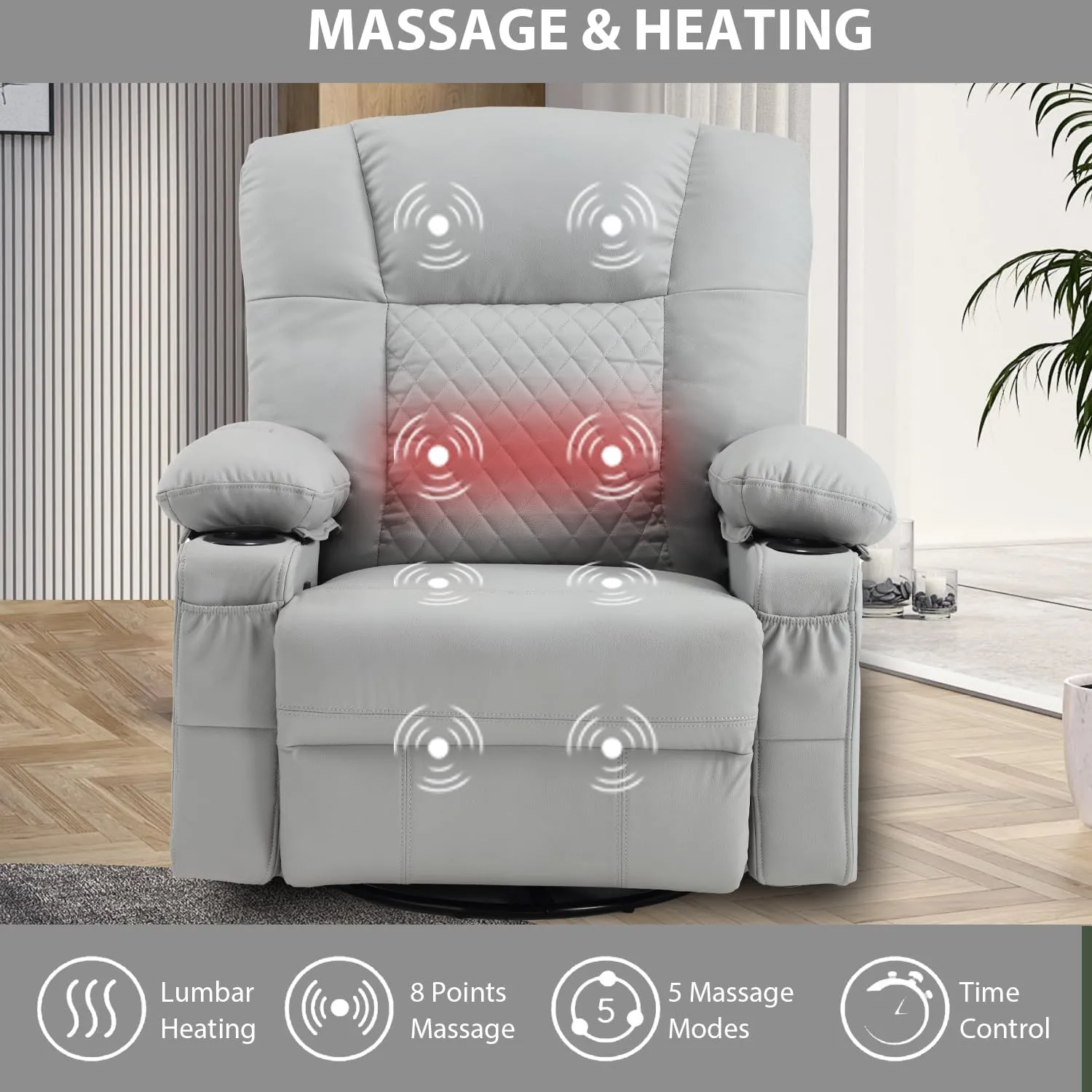Swivel Rocker Massage Recliner with Heat, PU Leather Recliner Sofa for Adults, Modern Manual Rocker Recliner Chairs for Living Room with Remote Control, Cup Holders (Grey)