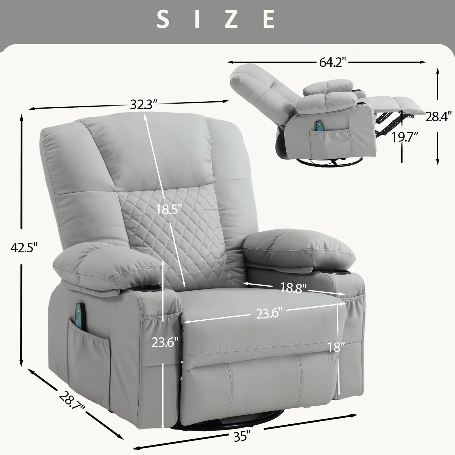Swivel Rocker Massage Recliner with Heat, PU Leather Recliner Sofa for Adults, Modern Manual Rocker Recliner Chairs for Living Room with Remote Control, Cup Holders (Grey)