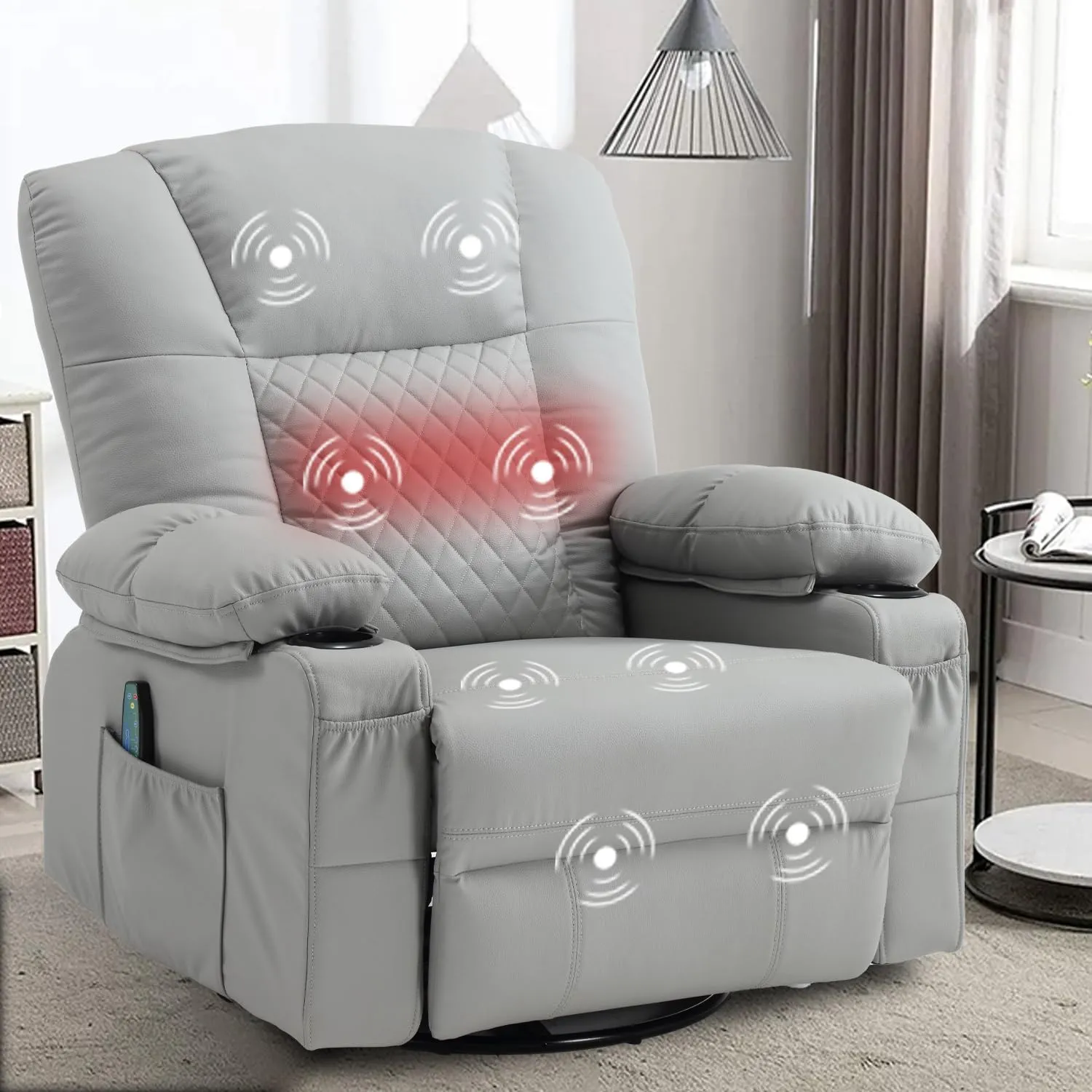 Swivel Rocker Massage Recliner with Heat, PU Leather Recliner Sofa for Adults, Modern Manual Rocker Recliner Chairs for Living Room with Remote Control, Cup Holders (Grey)