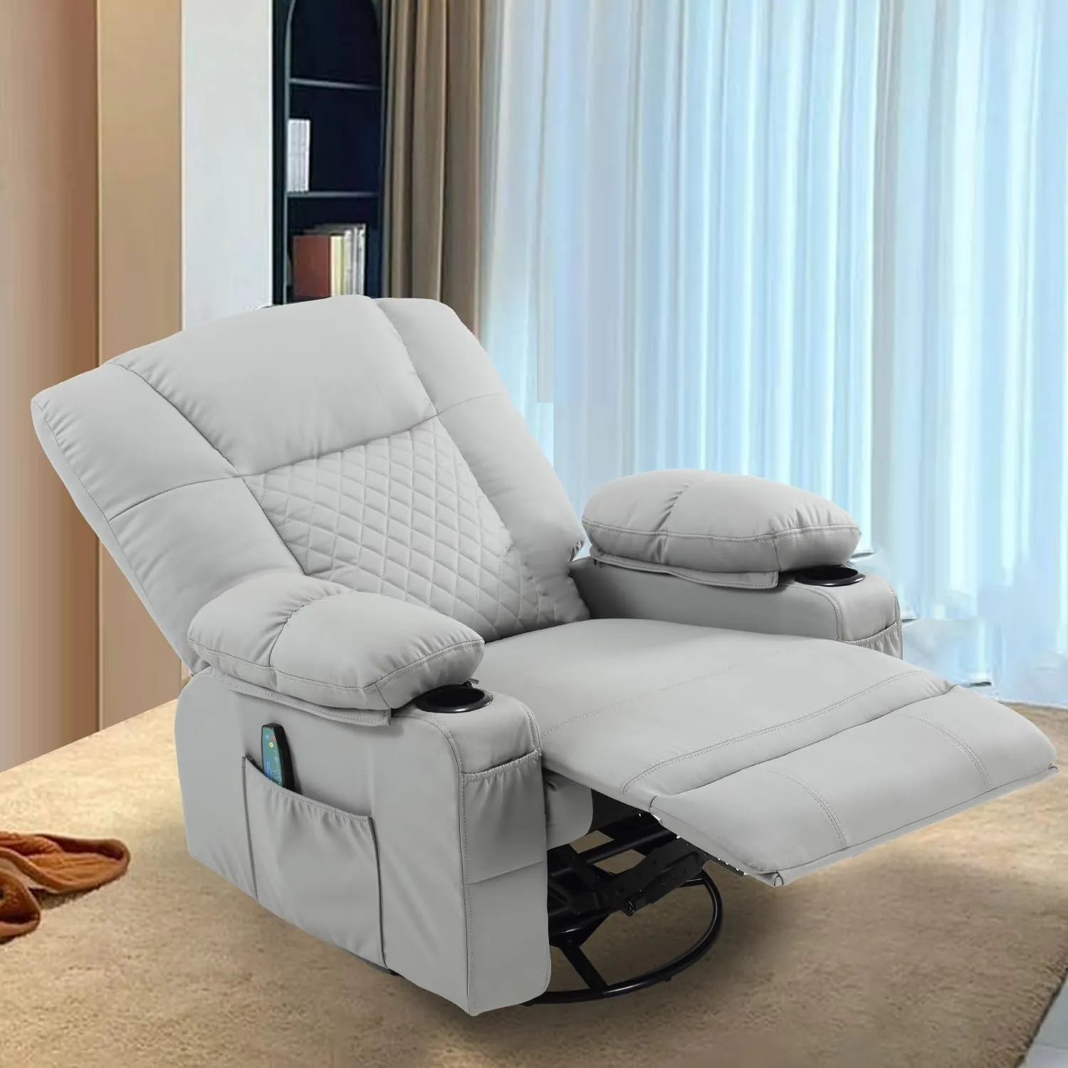 Swivel Rocker Massage Recliner with Heat, PU Leather Recliner Sofa for Adults, Modern Manual Rocker Recliner Chairs for Living Room with Remote Control, Cup Holders (Grey)