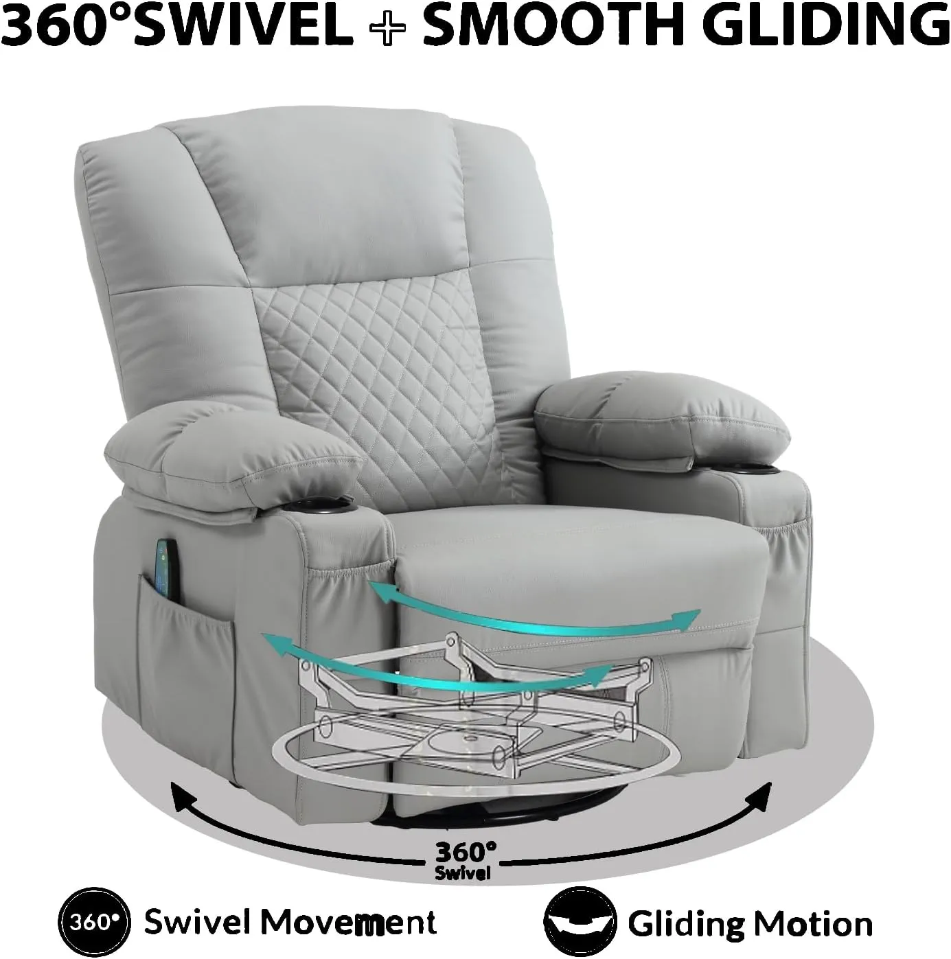 Swivel Rocker Massage Recliner with Heat, PU Leather Recliner Sofa for Adults, Modern Manual Rocker Recliner Chairs for Living Room with Remote Control, Cup Holders (Grey)