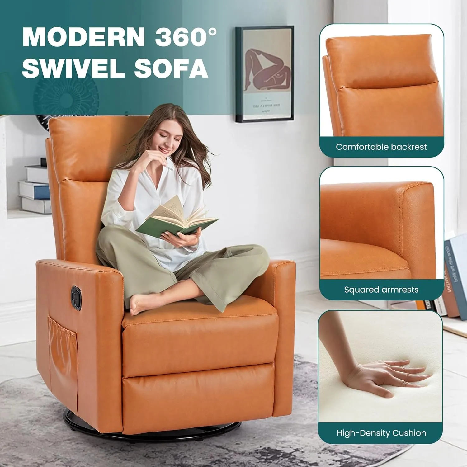 Swivel Rocking Recliner Chair with Extra Large Footrest High Back, Upholstered Glider Nursery Chair for Living Room, Bedroom & Nursery, Comfortable Deep Seating for Relaxation, Brown Seating