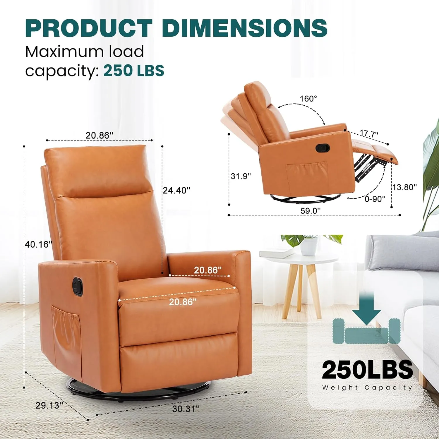 Swivel Rocking Recliner Chair with Extra Large Footrest High Back, Upholstered Glider Nursery Chair for Living Room, Bedroom & Nursery, Comfortable Deep Seating for Relaxation, Brown Seating