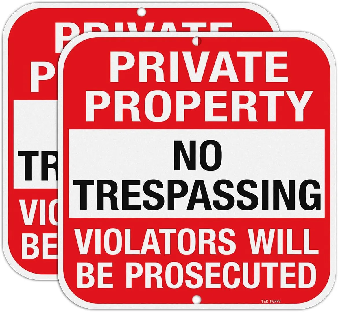 T&R Large (2 Pack) Private Property No Trespassing Sign - 12 x 12 Inches .040 Aluminum - 2 Pre-Drilled Holes - UV Protected, Waterproof and Fade Resistant