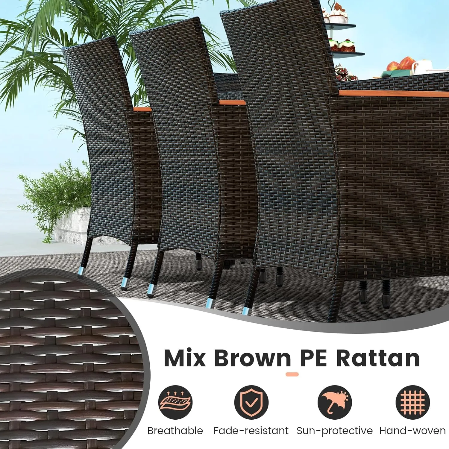 Tangkula 10 Piece Patio Rattan Dining Set with 15Ft Double-Sided Umbrella, Outdoor Heavy Duty Acacia Wood Table and Stackable Wicker Chairs Set, Umbrella with Weighted Base