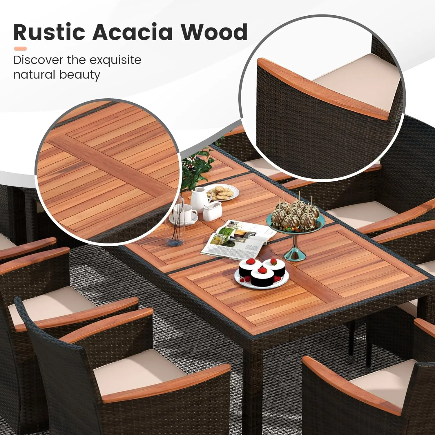 Tangkula 10 Piece Patio Rattan Dining Set with 15Ft Double-Sided Umbrella, Outdoor Heavy Duty Acacia Wood Table and Stackable Wicker Chairs Set, Umbrella with Weighted Base