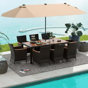 Tangkula 10 Piece Patio Rattan Dining Set with 15Ft Double-Sided Umbrella, Outdoor Heavy Duty Acacia Wood Table and Stackable Wicker Chairs Set, Umbrella with Weighted Base