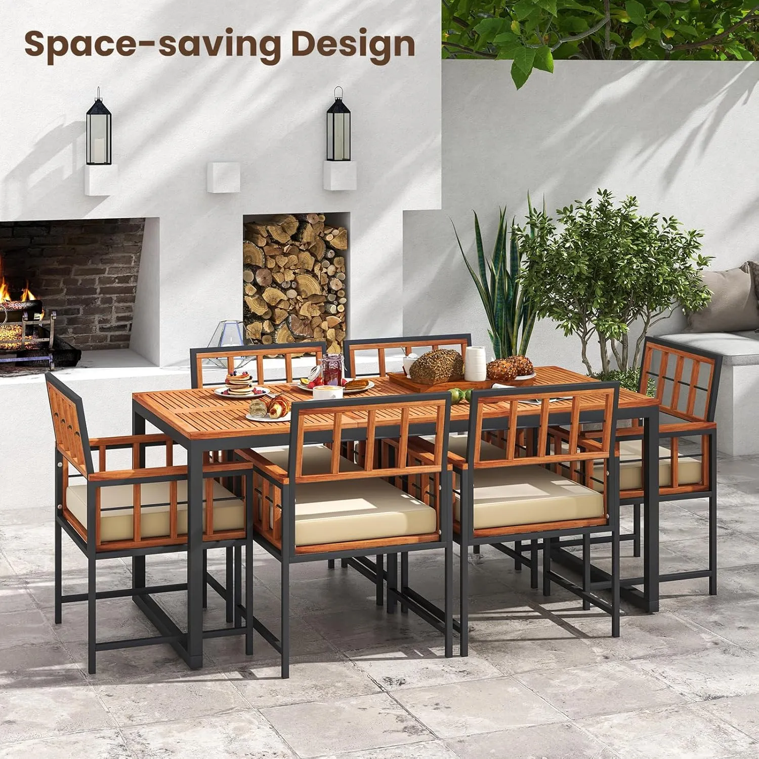Tangkula 7 Pieces Patio Dining Set, Outdoor Acacia Wood Table and Chairs with Soft Cushions and 1.96” Umbrella Hole for Backyard, Garden, Poolside (Beige)