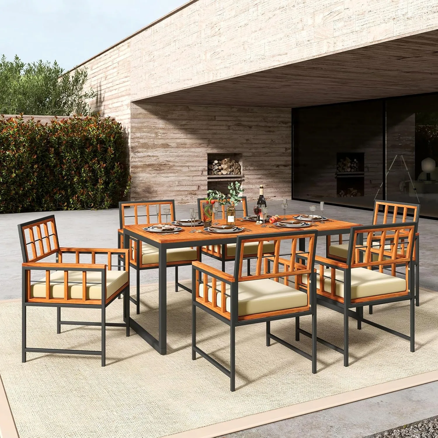 Tangkula 7 Pieces Patio Dining Set, Outdoor Acacia Wood Table and Chairs with Soft Cushions and 1.96” Umbrella Hole for Backyard, Garden, Poolside (Beige)
