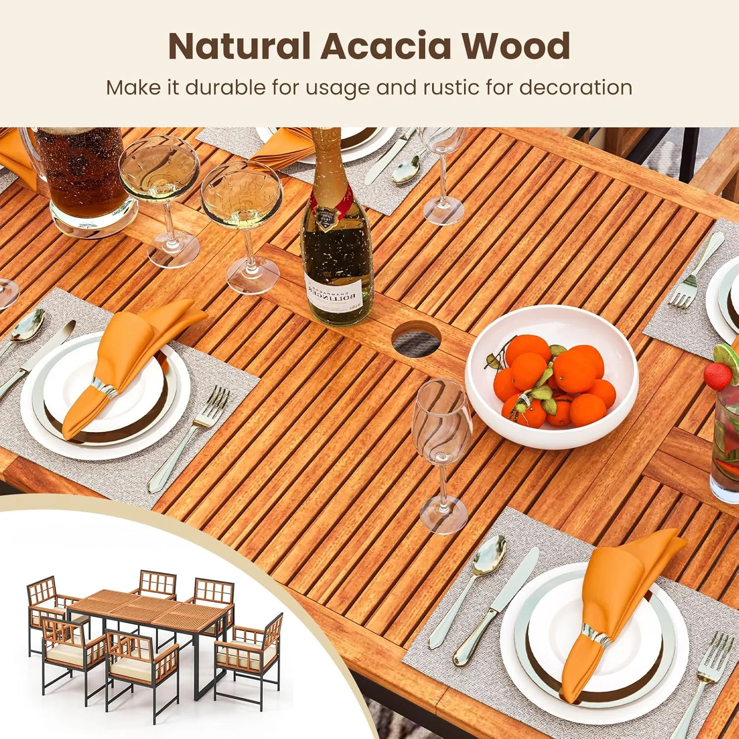Tangkula 7 Pieces Patio Dining Set, Outdoor Acacia Wood Table and Chairs with Soft Cushions and 1.96” Umbrella Hole for Backyard, Garden, Poolside (Beige)