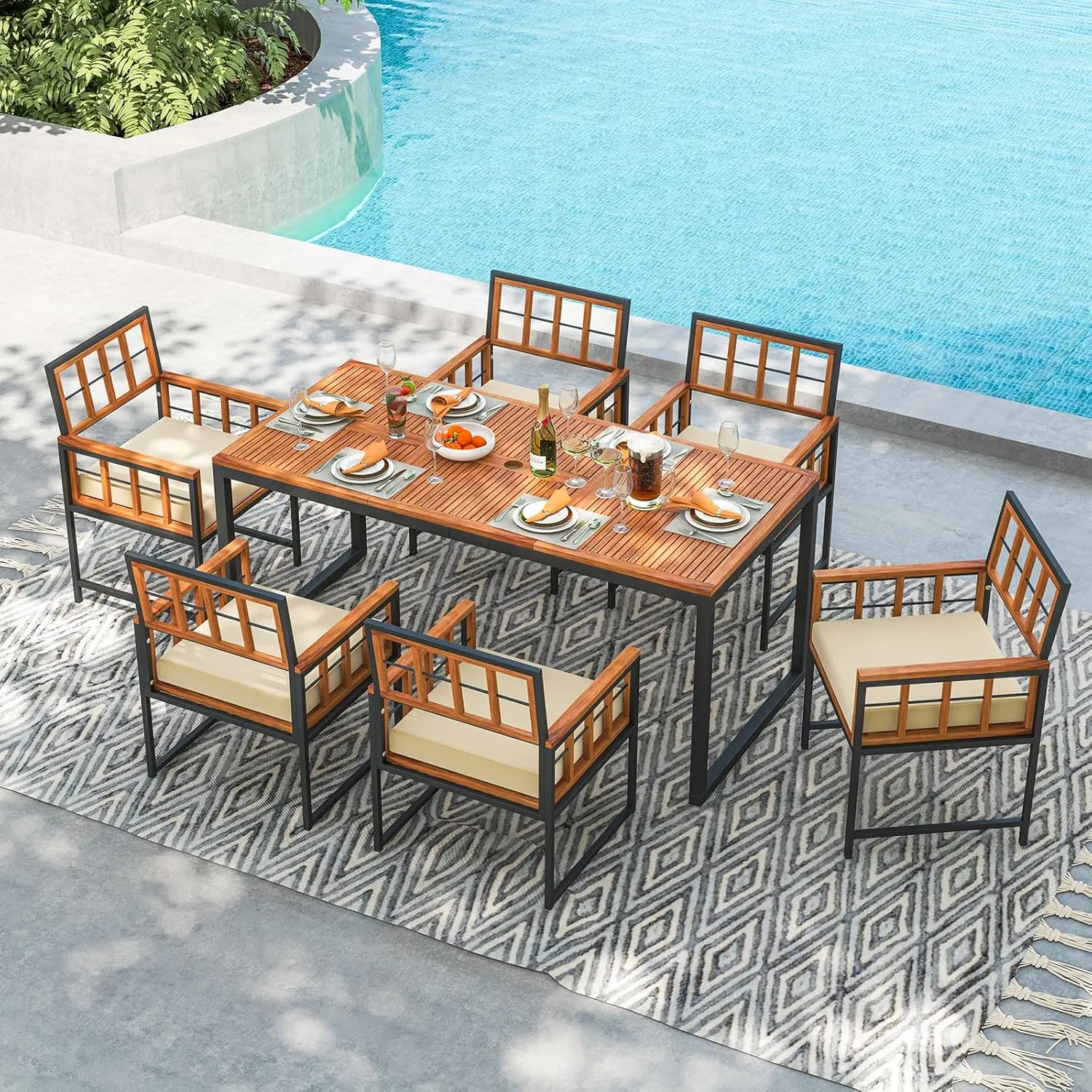 Tangkula 7 Pieces Patio Dining Set, Outdoor Acacia Wood Table and Chairs with Soft Cushions and 1.96” Umbrella Hole for Backyard, Garden, Poolside (Beige)