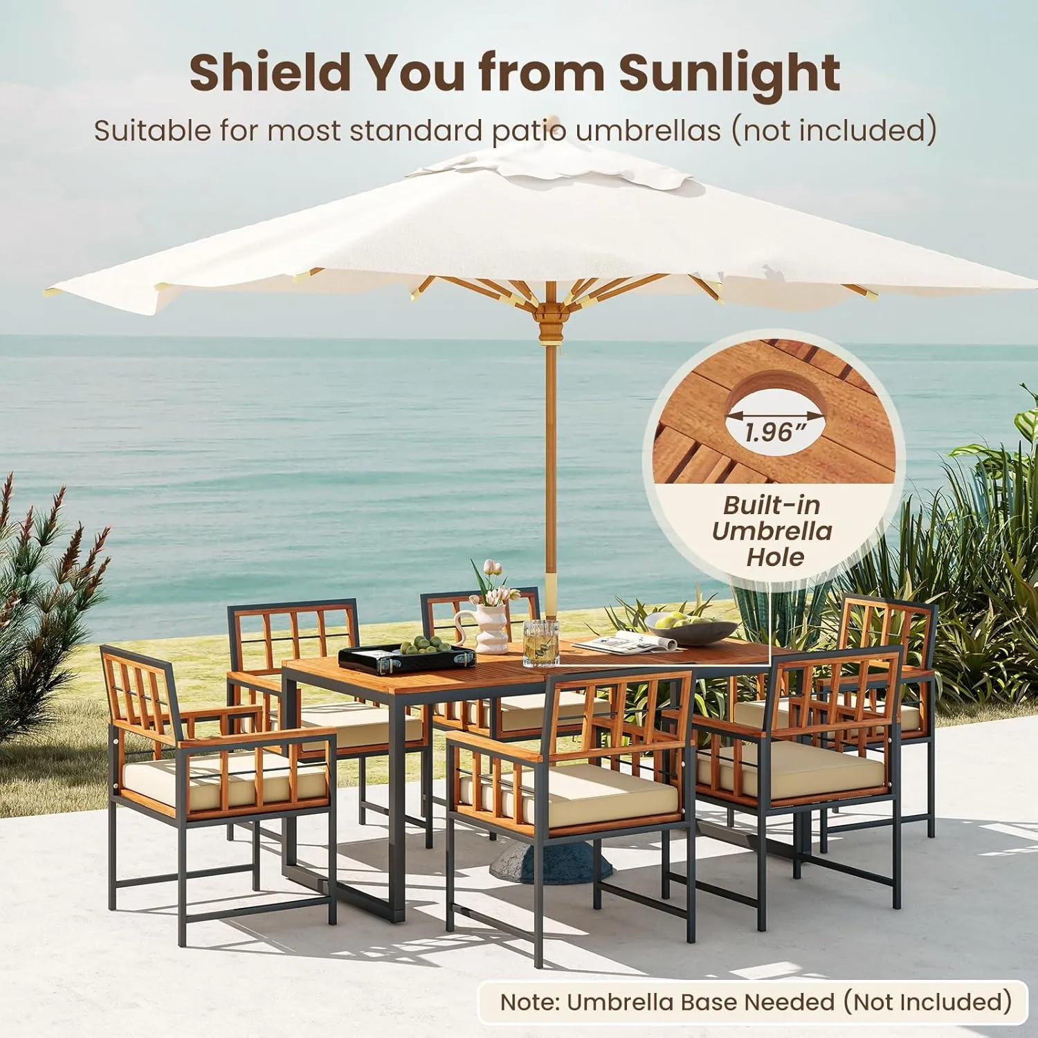 Tangkula 7 Pieces Patio Dining Set, Outdoor Acacia Wood Table and Chairs with Soft Cushions and 1.96” Umbrella Hole for Backyard, Garden, Poolside (Beige)
