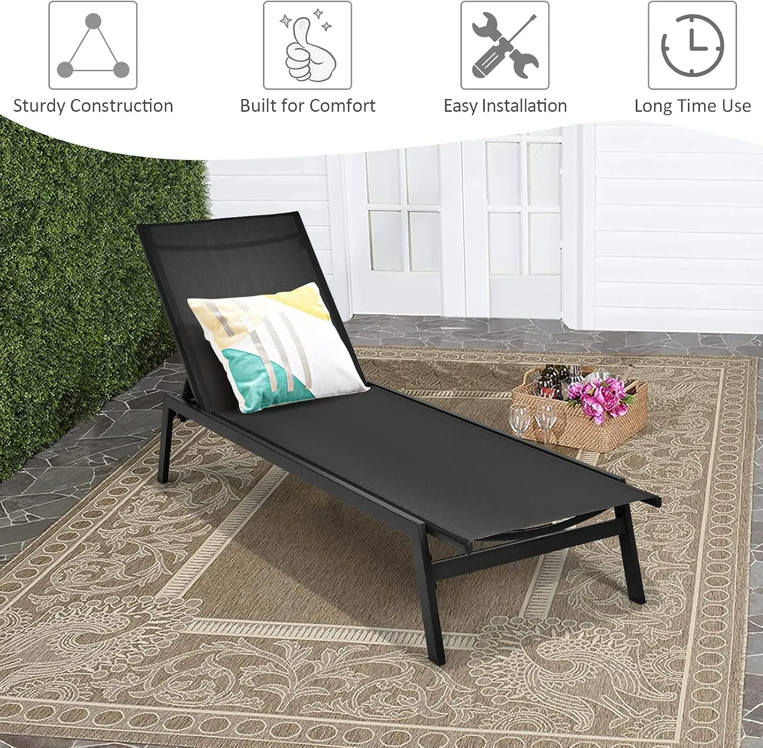 Tangkula Outdoor Chaise Lounge Chair, 6-Position Adjustable Reclining Chair with Breathable Fabric and Heavy Duty Steel Frame, Patio Lounge Chair for Garden, Backyard and Poolside (1, Black)