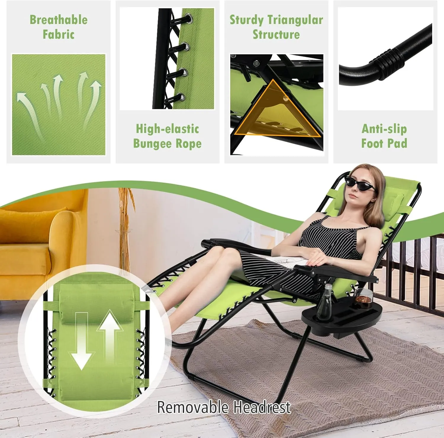 Tangkula Zero Gravity Chair, Folding Patio Lounge Chair Adjustable Outdoor Recliner with Cup Holder, Wide Armrest for Patio Garden Poolside Outdoor Yard Beach, Support 350 lbs (1, Green)