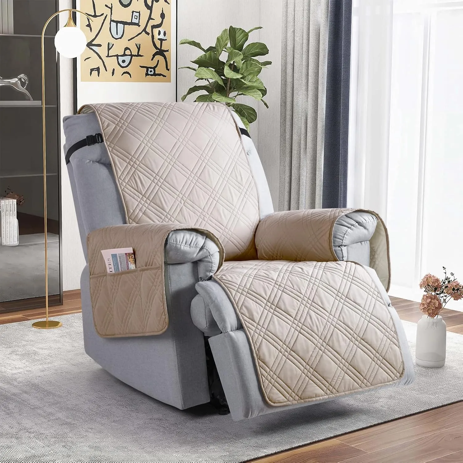 TAOCOCO 100% Waterproof Recliner Chair Cover, Non Slip Recliner Covers for Recliner Chair with Pocket, Washable Reclining Chair Cover Furniture Protector for Kids, Pets(23.6'', Cream)