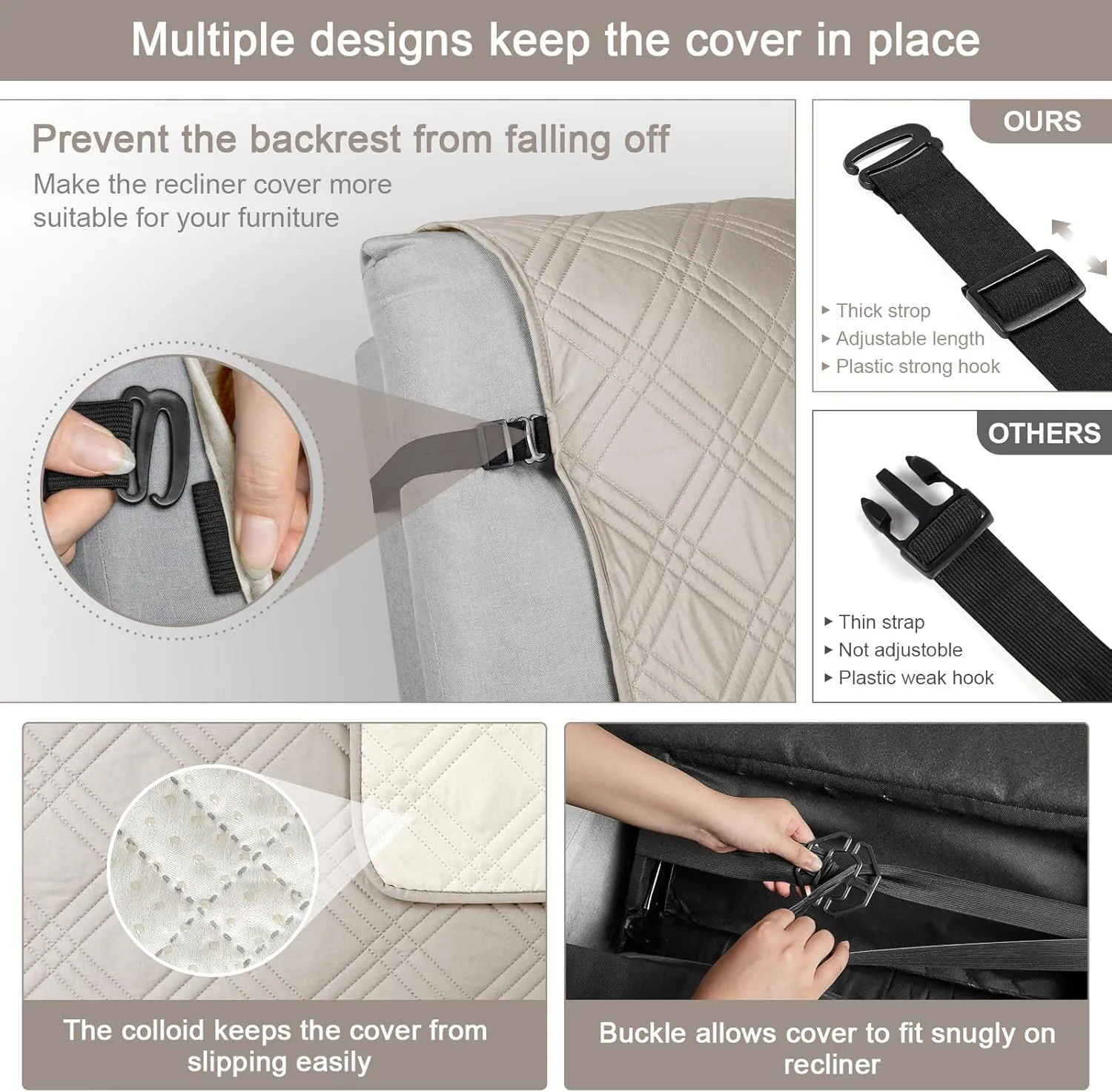 TAOCOCO 100% Waterproof Recliner Chair Cover, Non Slip Recliner Covers for Recliner Chair with Pocket, Washable Reclining Chair Cover Furniture Protector for Kids, Pets(23.6'', Cream)