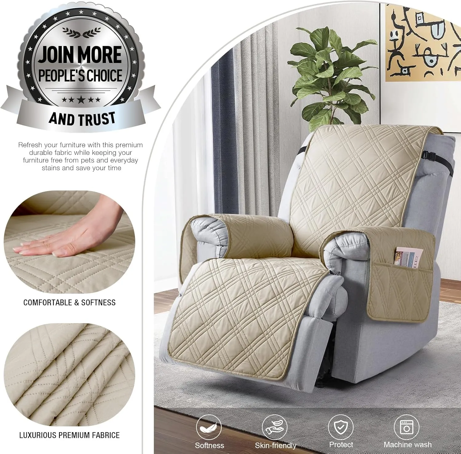 TAOCOCO 100% Waterproof Recliner Chair Cover, Non Slip Recliner Covers for Recliner Chair with Pocket, Washable Reclining Chair Cover Furniture Protector for Kids, Pets(23.6'', Cream)