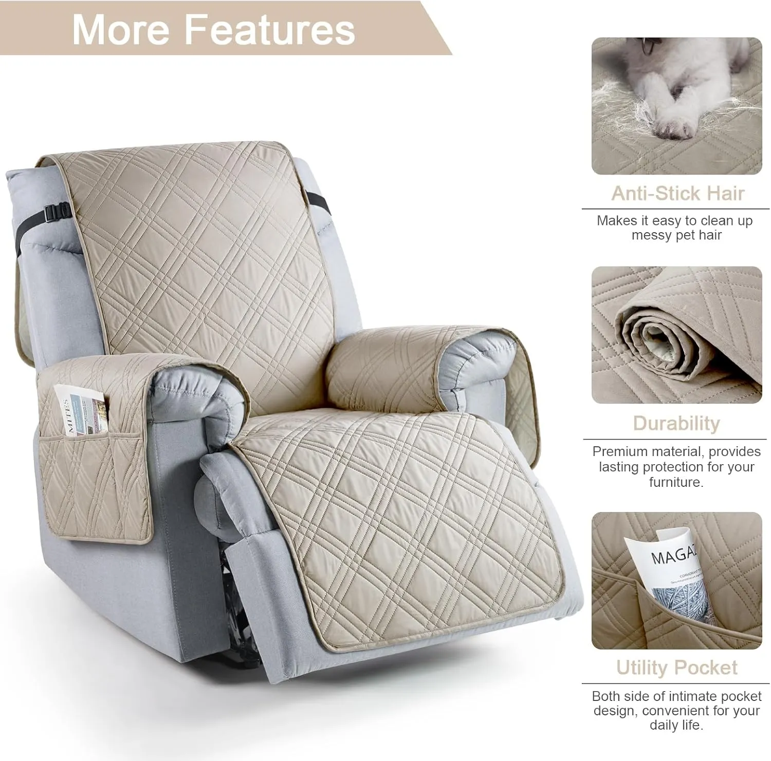 TAOCOCO 100% Waterproof Recliner Chair Cover, Non Slip Recliner Covers for Recliner Chair with Pocket, Washable Reclining Chair Cover Furniture Protector for Kids, Pets(23.6'', Cream)
