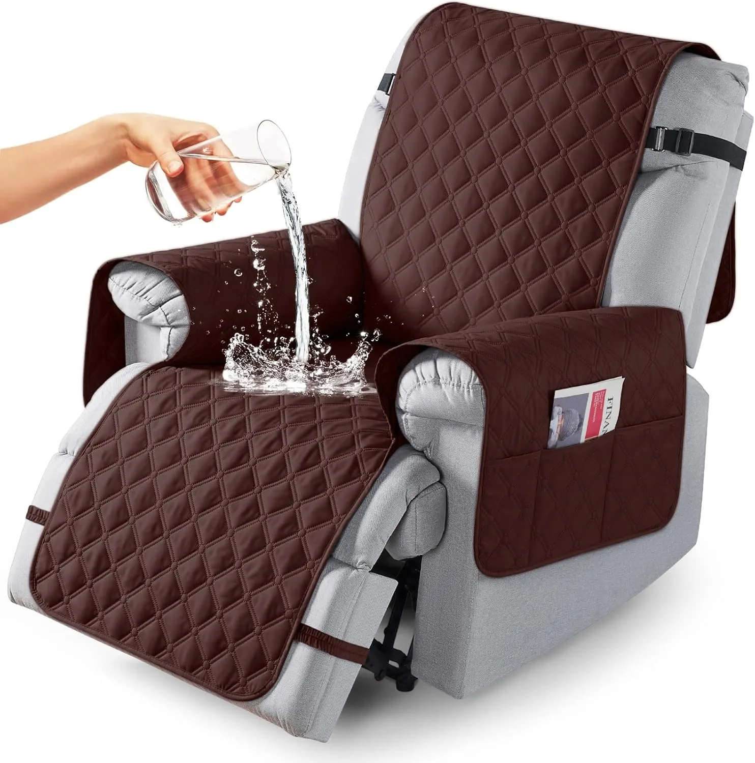 TAOCOCO 100% Waterproof Recliner Covers, Recliner Sofa Covers with Leg Straps, Reversible Recliner Couch Cover for Reclining Chair, Washable Couch Protector for Pets Kids(1 Seater 28", Coffee)