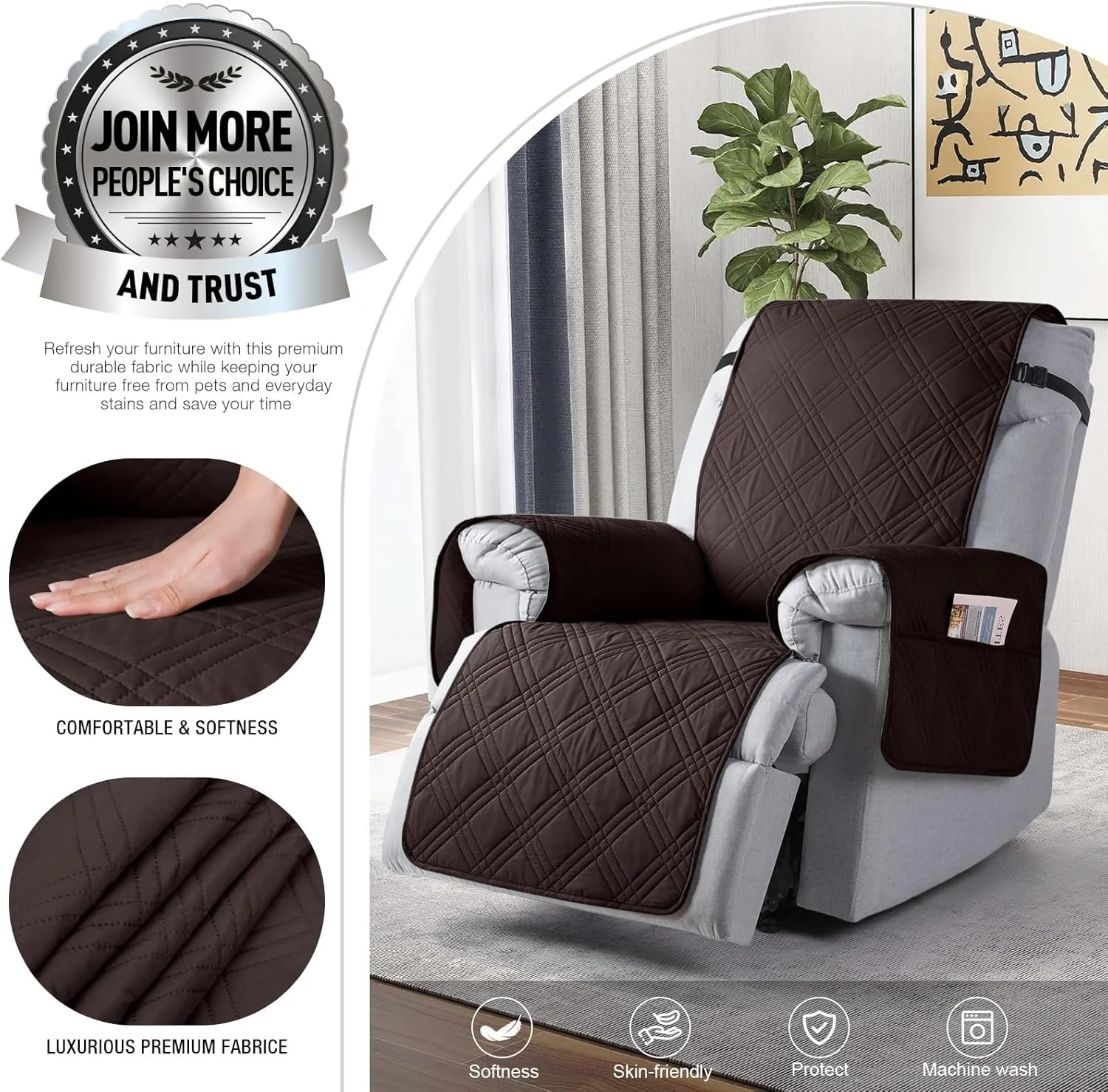 TAOCOCO Waterproof Recliner Chair Covers 30 Inch Wide, Oversized Recliner Covers for Recliner Chair with Pocket, Recliner Slipcovers with Straps Furniture Protector for Kids Pets (30'', Coffee)
