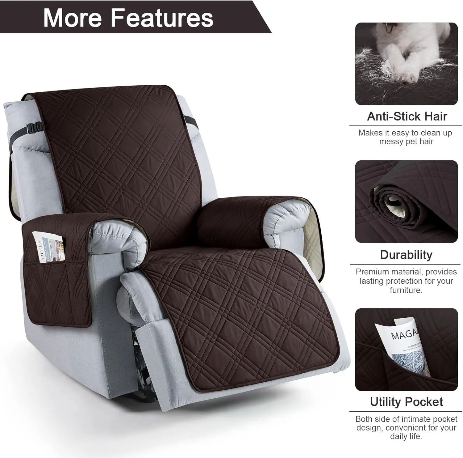 TAOCOCO Waterproof Recliner Chair Covers 30 Inch Wide, Oversized Recliner Covers for Recliner Chair with Pocket, Recliner Slipcovers with Straps Furniture Protector for Kids Pets (30'', Coffee)