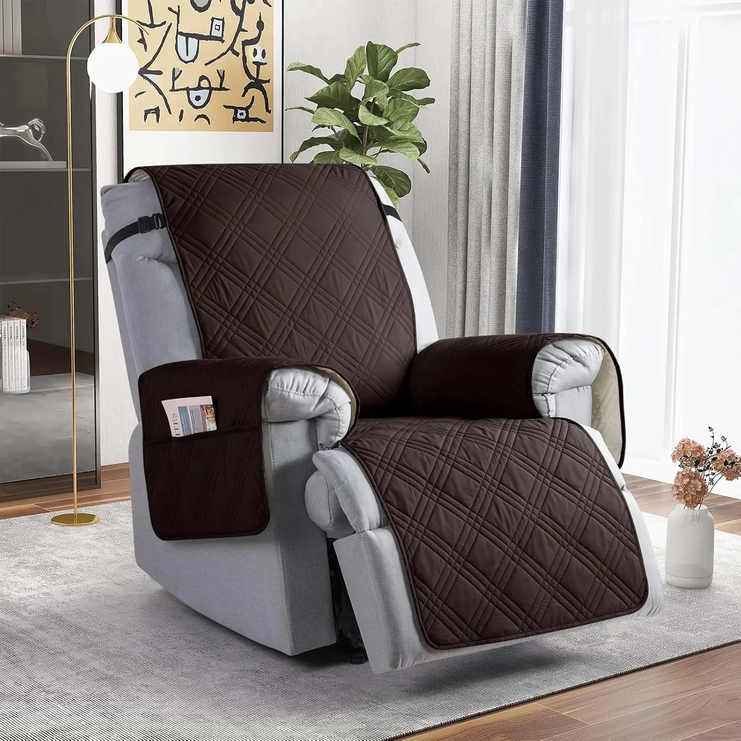 TAOCOCO Waterproof Recliner Chair Covers 30 Inch Wide, Oversized Recliner Covers for Recliner Chair with Pocket, Recliner Slipcovers with Straps Furniture Protector for Kids Pets (30'', Coffee)