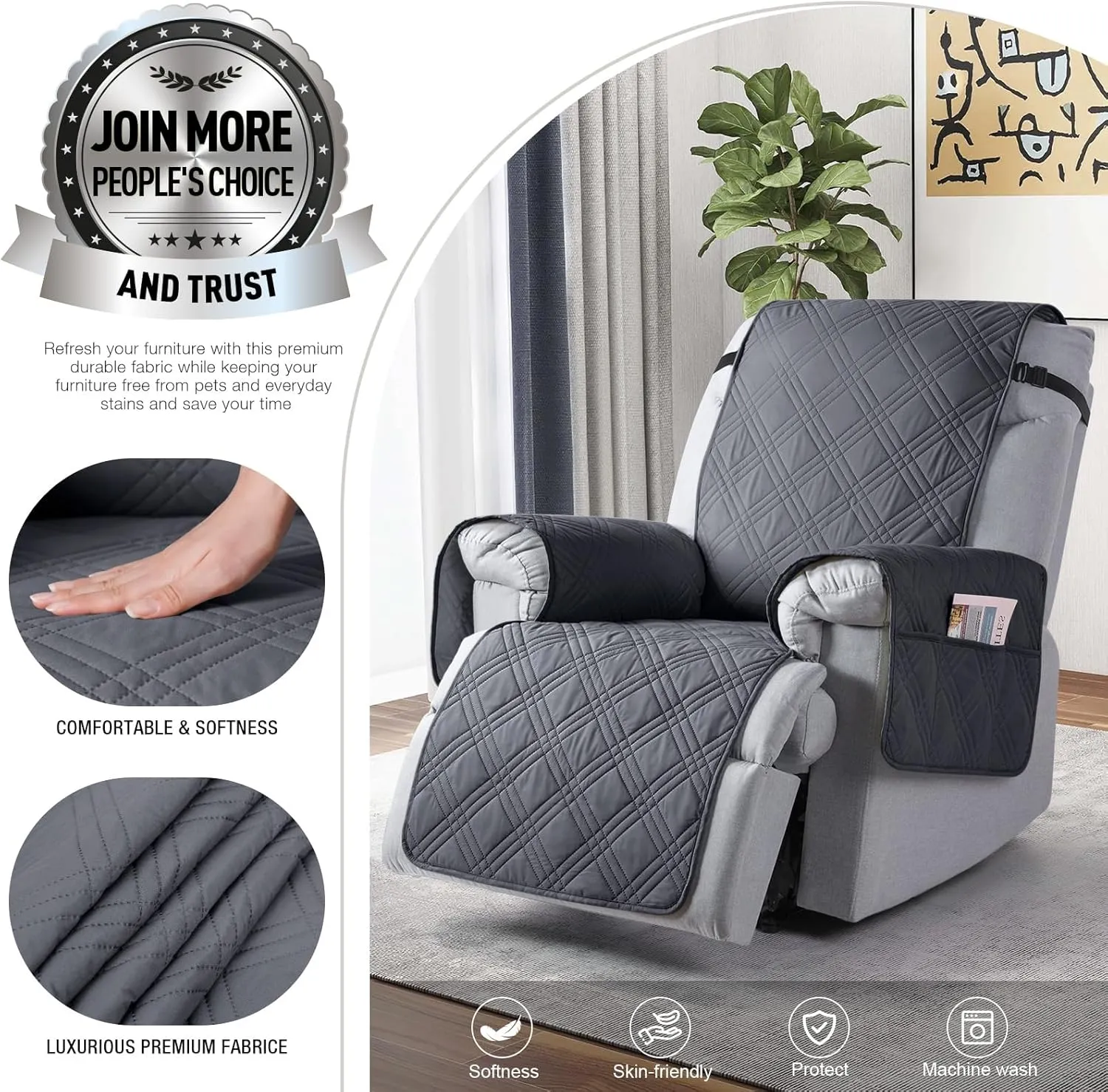 TAOCOCO Waterproof Recliner Chair Covers 30 Inch Wide, Oversized Recliner Covers for Recliner Chair with Pocket, Recliner Slipcovers with Straps Furniture Protector for Kids Pets (30'', Dark Grey)