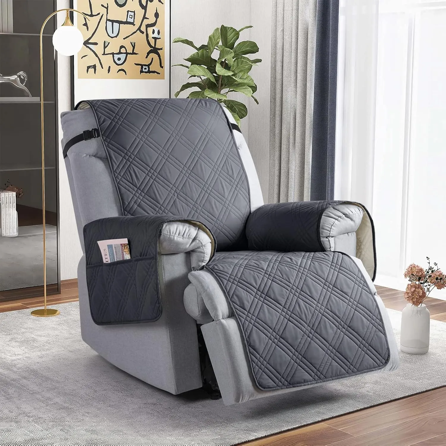 TAOCOCO Waterproof Recliner Chair Covers 30 Inch Wide, Oversized Recliner Covers for Recliner Chair with Pocket, Recliner Slipcovers with Straps Furniture Protector for Kids Pets (30'', Dark Grey)