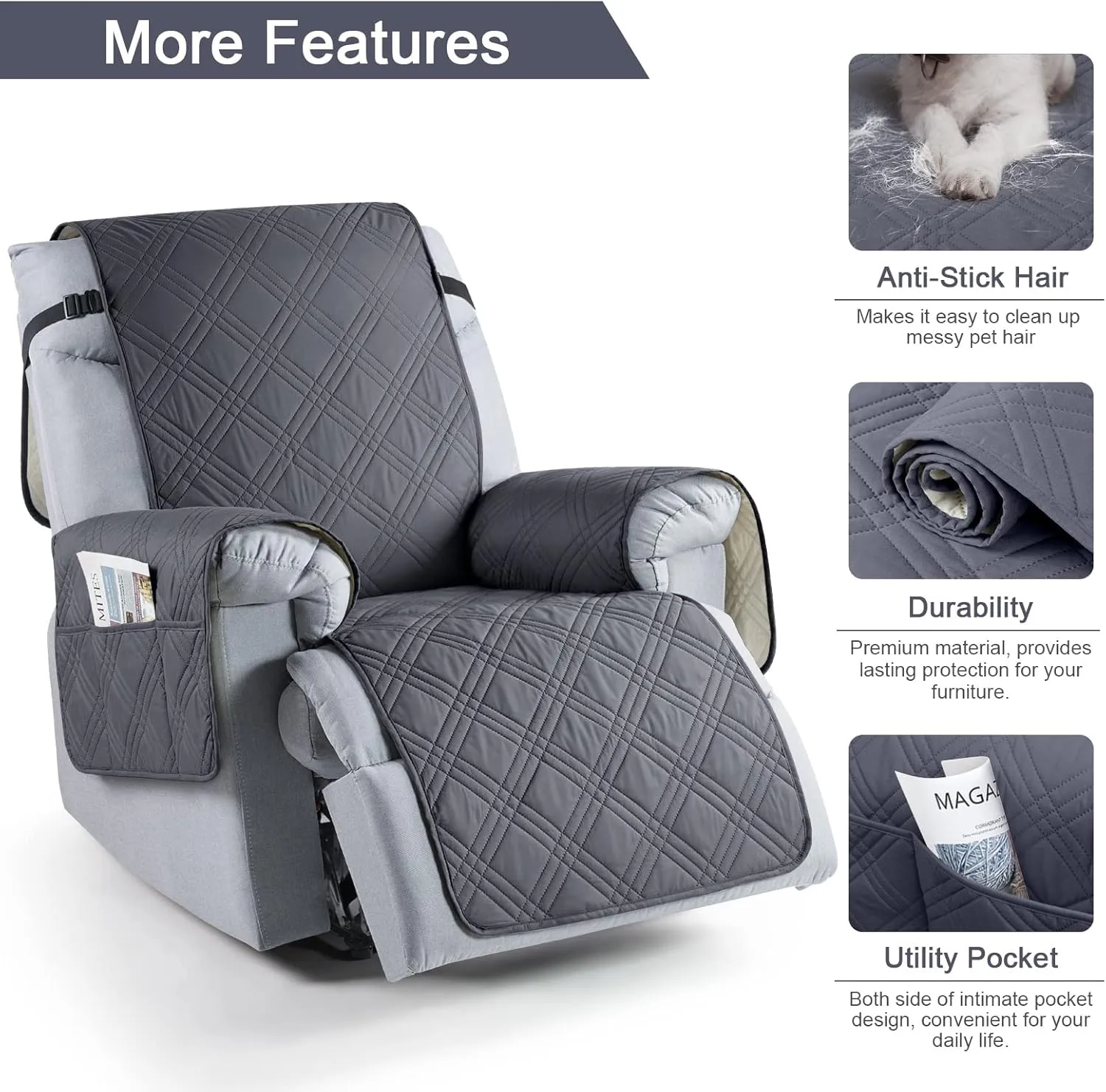 TAOCOCO Waterproof Recliner Chair Covers 30 Inch Wide, Oversized Recliner Covers for Recliner Chair with Pocket, Recliner Slipcovers with Straps Furniture Protector for Kids Pets (30'', Dark Grey)